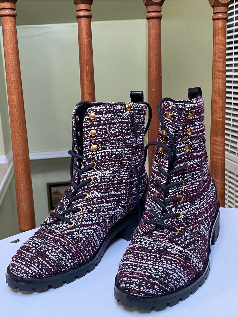 Tory Burch Burgundy Tweed Lace-Up Combat Boots with Gold Eyelets - Picture 3 of 7